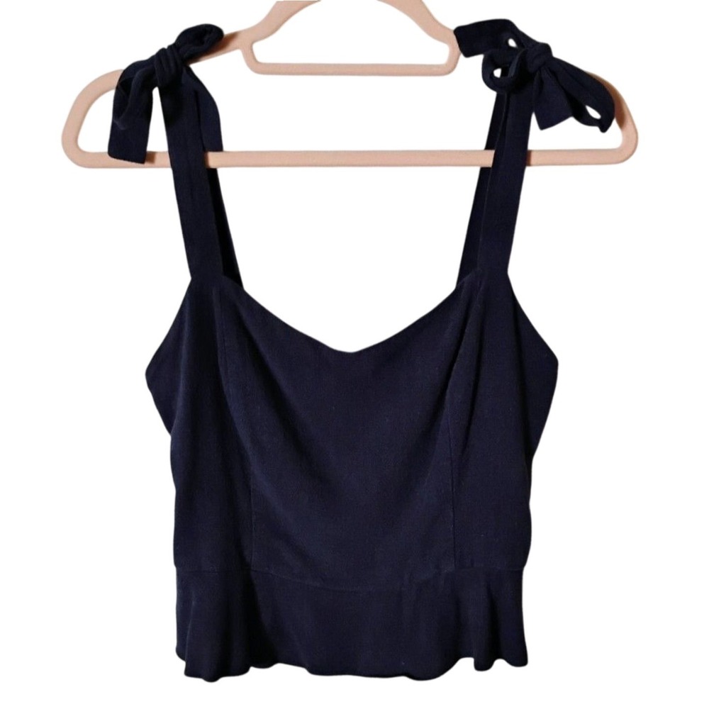 Anthropologie Sophie Rue Black Linen Blend Tie Shoulder Peplum Tank Top Small